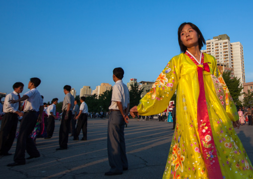 North Korean students during a mass dance performance on september 9 day of the foundation of the republic, Pyongan Province, Pyongyang, North Korea