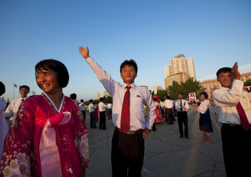 North Korean students during a mass dance performance on september 9 day of the foundation of the republic, Pyongan Province, Pyongyang, North Korea