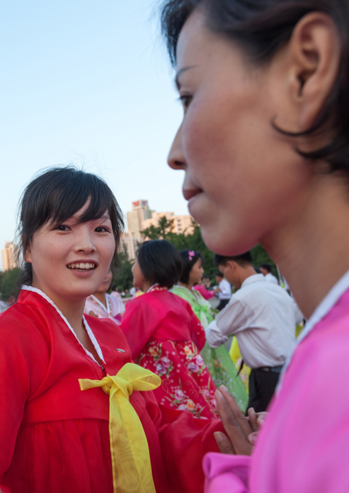 North Korean students during a mass dance performance on september 9 day of the foundation of the republic, Pyongan Province, Pyongyang, North Korea