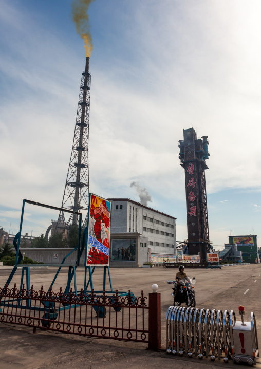 Yellow smoke coming out of a chimney in Hungnam nitrogen fertilizer plant, South Hamgyong Province, Hamhung, North Korea