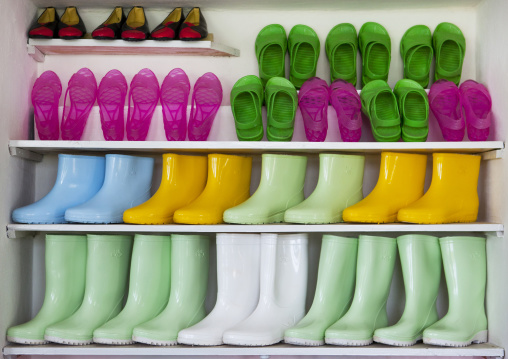 Plastic shoes and boots for sale in a village shop, South Hamgyong Province, Hamhung, North Korea