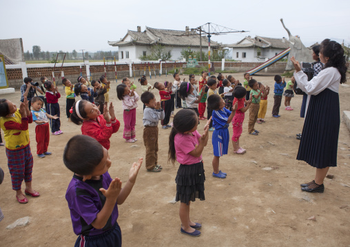 North Korean children making morning gymnastics at school, South Hamgyong Province, Hamhung, North Korea