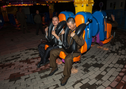 North Korean soldiers in a fairground attraction at Kaeson youth park, Pyongan Province, Pyongyang, North Korea