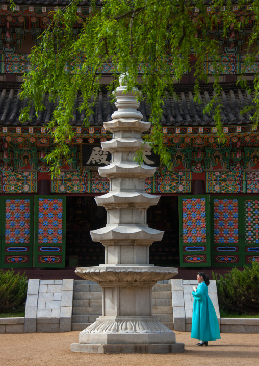 North Korean woman in front of the pagoda of Kwangbop temple, Pyongan Province, Pyongyang, North Korea