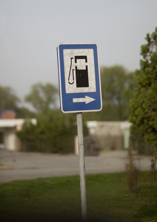 Petrol station sign in the street, Pyongan Province, Pyongyang, North Korea