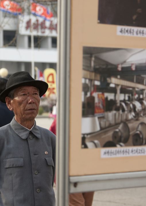 Old North Korean man looking propaganda pictures in the street, Pyongan Province, Pyongyang, North Korea