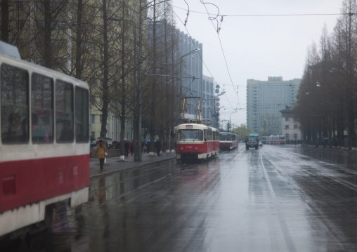 North Korean tramways under the rain, Pyongan Province, Pyongyang, North Korea