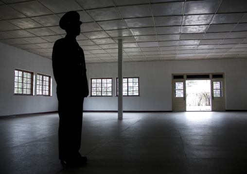 North Korean soldier in the building where the armistice was signed now housing the North Korea peace museum, North Hwanghae Province, Panmunjom, North Korea