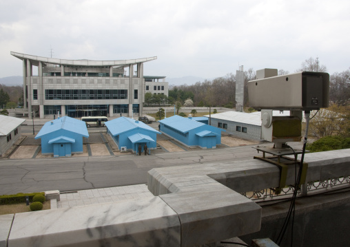 North Korean soldiers standing in front of the United Nations conference rooms on the demarcation line in the Demilitarized Zone, North Hwanghae Province, Panmunjom, North Korea