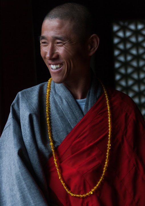 Smiling North Korean monk in Ryongthong temple, North Hwanghae Province, Kaesong, North Korea