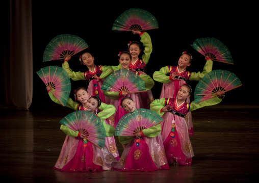 North horean girls dancing during a show at Mangyongdae children's palace, Pyongan Province, Pyongyang, North Korea