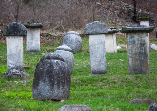 Funerary jars and steles for the monks in Pohyon temple, Hyangsan county, Mount Myohyang, North Korea