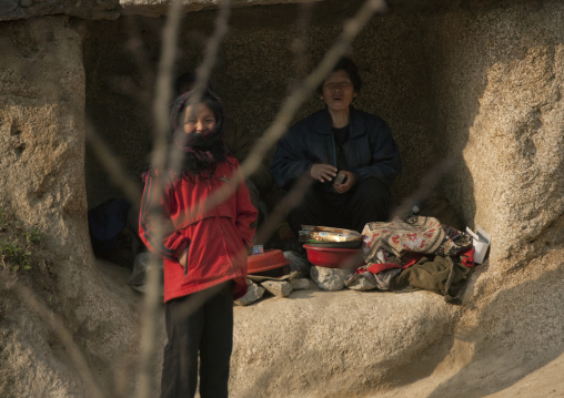 North Korean people selling food on a road, Kangwon Province, Wonsan, North Korea