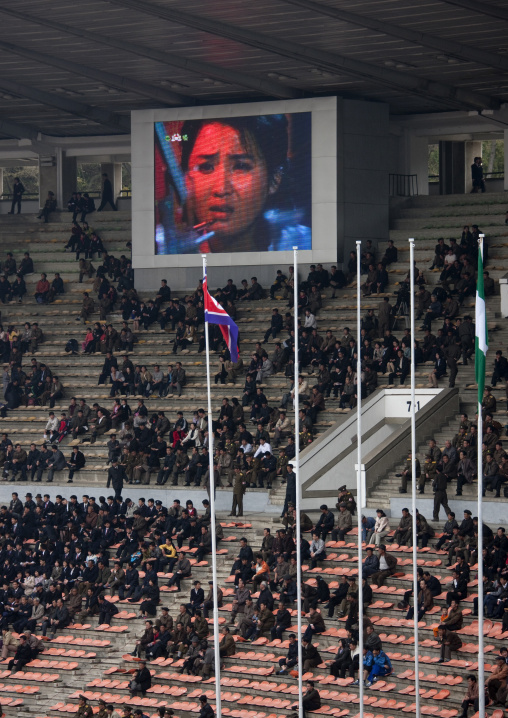 Crowd in the Kim il Sung stadium during a football game, Pyongan Province, Pyongyang, North Korea