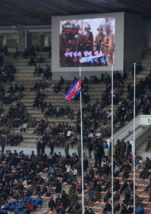 Crowd in the Kim il Sung stadium during a football game, Pyongan Province, Pyongyang, North Korea