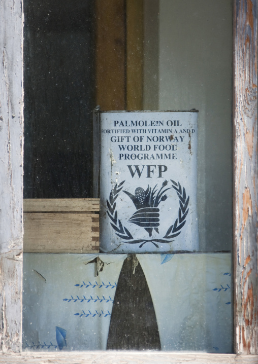 World food program palm oil can in a North Korean house, Ryanggang Province, Samjiyon, North Korea