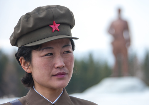 North Korean guide in the Grand monument of lake Samji, Ryanggang Province, Samjiyon, North Korea