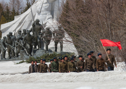 North Korean students walking on the steps of the nation's heroes in the Grand monument of lake Samji, Ryanggang Province, Samjiyon, North Korea