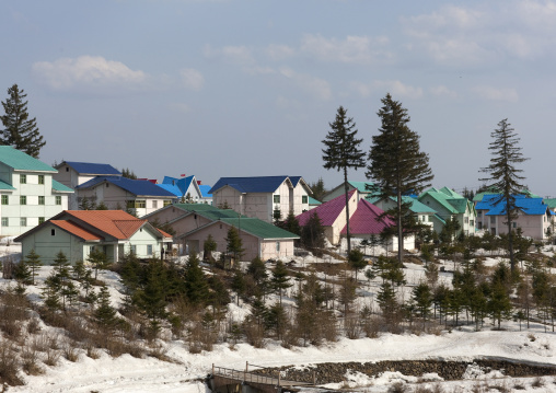 New apartment houses in the snow, Ryanggang Province, Samjiyon, North Korea