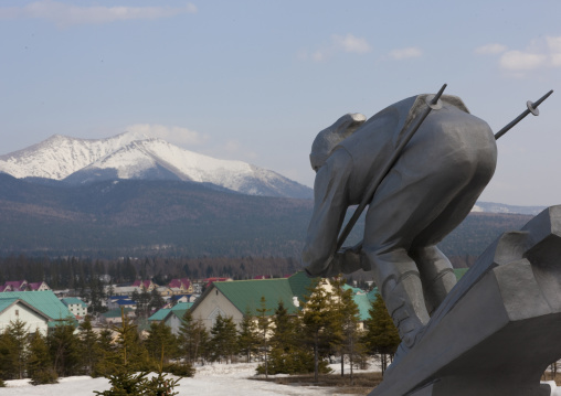 Statue of a skier in front of mount Paektu, Ryanggang Province, Samjiyon, North Korea