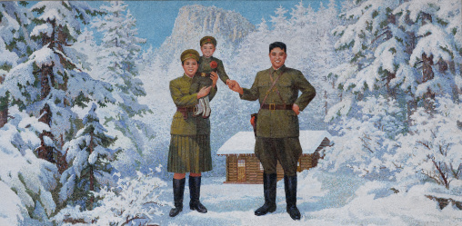 North Korean propaganda fresco depicting Kim il song as a child with his parents, Ryanggang Province, Samjiyon, North Korea