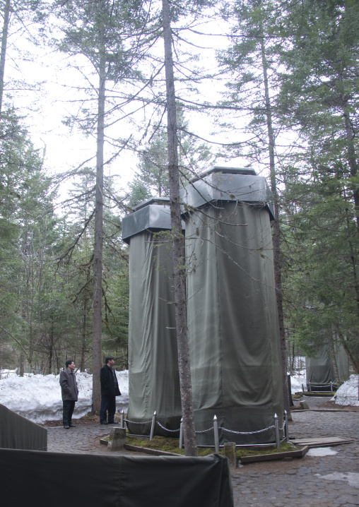 Preserved slogan-bearing tree where North Korean revolutioners left inspiring slogans on the trunks in paektusan secret camp, Ryanggang Province, Samjiyon, North Korea