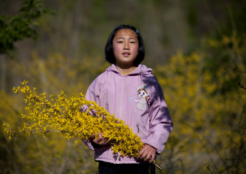 Portrait of a North Korean girl holding flowers, North Hamgyong Province, Jung Pyong Ri, North Korea