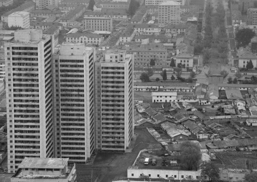 High angle view of buildings in the city center, Pyongan Province, Pyongyang, North Korea