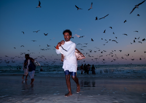 Man Back From Fishing And Taking Fishes Back At Dusk, Salalah, Oman