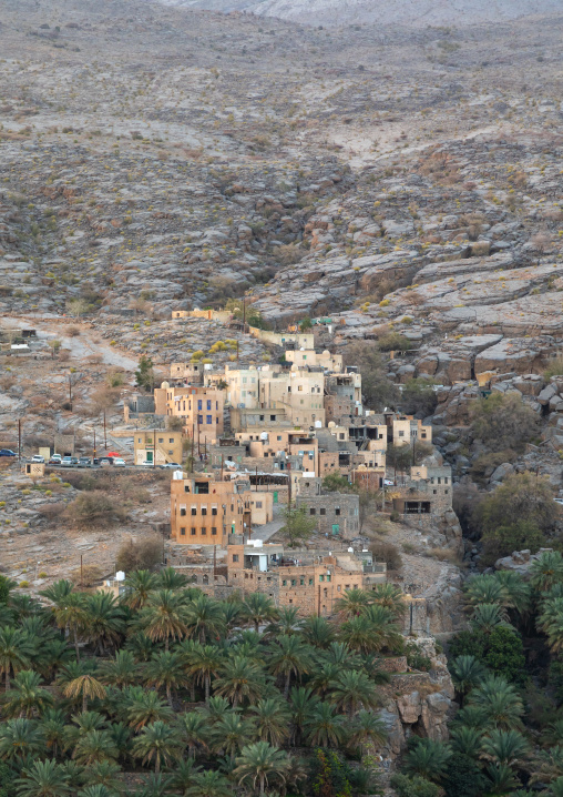 Old village in an oasis in front of the mountain, Ad Dakhiliyah Region, Misfat al Abriyyin, Oman