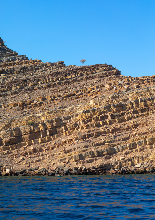 Fjords in front of mountains, Musandam Governorate, Khasab, Oman