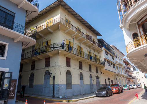 Panama, Province Of Panama, Panama City, Nice Facades And Balconies Of The Old District In Casco Viejo