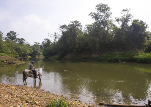 Panama, Darien Province, Filo Del Tallo, Embera Tribe Man On Horse On The Banks Of Río Chucunaque