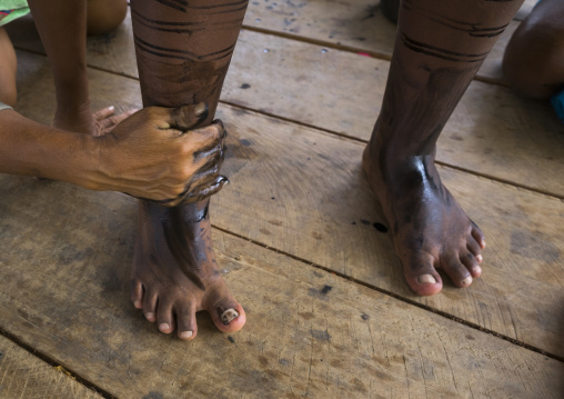 Panama, Darien Province, Bajo Chiquito, Woman Of The Native Indian Embera Tribe Is Ceremonially Decorated With Jagua Bodypaint