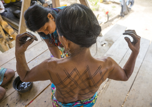 Panama, Darien Province, Bajo Chiquito, Woman Of The Native Indian Embera Tribe Is Ceremonially Decorated With Jagua Bodypaint