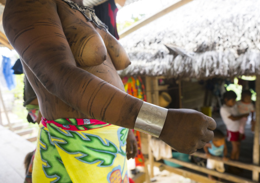 Panama, Darien Province, Bajo Chiquito, Woman Of The Native Indian Embera Tribe Is Ceremonially Decorated With Jagua Bodypaint