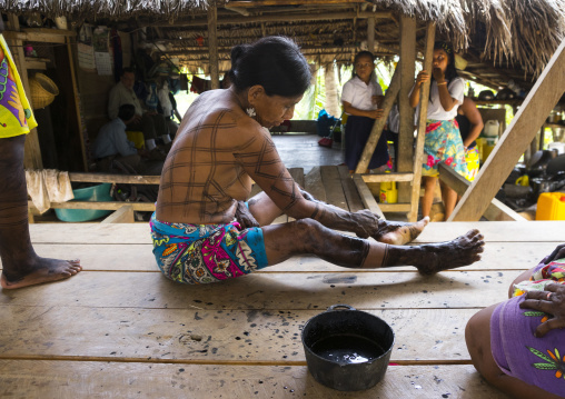 Panama, Darien Province, Bajo Chiquito, Woman Of The Native Indian Embera Tribe Is Ceremonially Decorated With Jagua Bodypaint