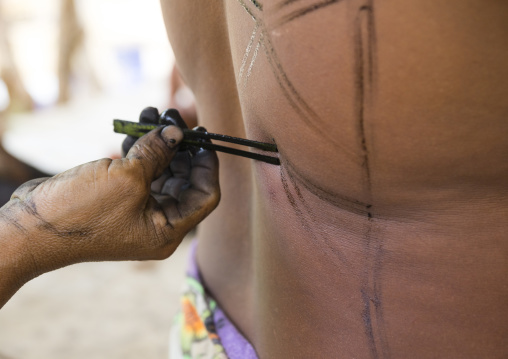 Panama, Darien Province, Bajo Chiquito, Woman Of The Native Indian Embera Tribe Is Ceremonially Decorated With Jagua Bodypaint