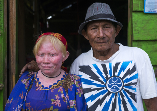 Panama, San Blas Islands, Mamitupu, Albino Kuna Tribe Woman With Her Father