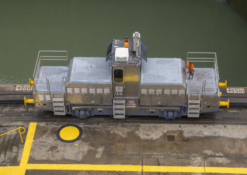 Panama, Province Of Panama, Panama City, Mule Train In Miraflores Locks In The Panama Canal