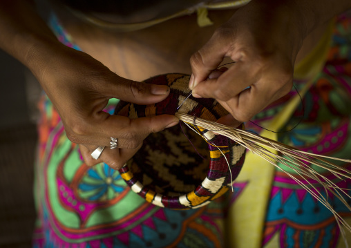 Panama, Darien Province, Puerta Lara, Wounaan Woman Weaves A Shallow Basket