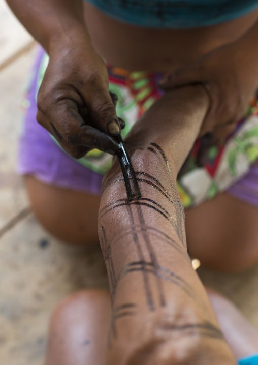 Panama, Darien Province, Bajo Chiquito, Woman Of The Native Indian Embera Tribe Is Ceremonially Decorated With Jagua Bodypaint