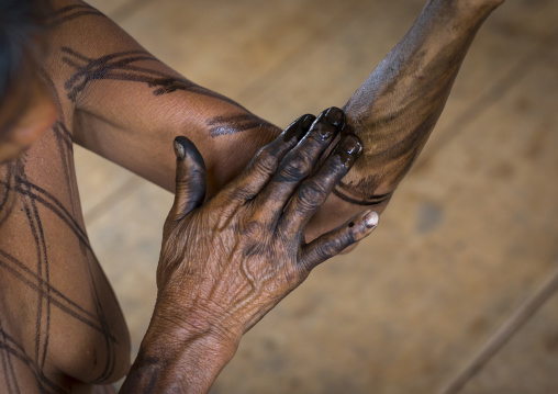 Panama, Darien Province, Bajo Chiquito, Woman Of The Native Indian Embera Tribe Is Ceremonially Decorated With Jagua Bodypaint