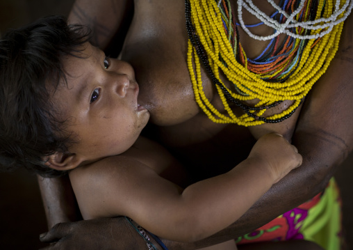 Panama, Darien Province, Bajo Chiquito, Woman Of The Native Indian Embera Tribe Breastfeeding Her Baby