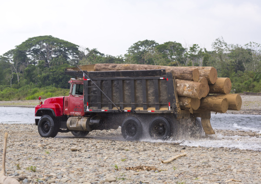 Panama, Darien Province, Bajo Chiquito, Logging Truck Crossing A River With Trunks