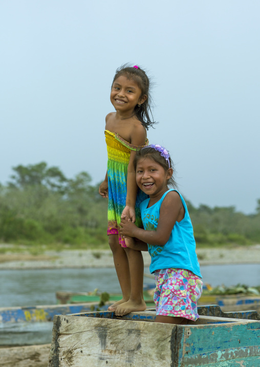 Panama, Darien Province, Bajo Chiquito, Embera Tribe Children Dressed In Western Clothes