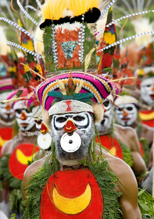 Highlander warriors with traditional clothing during a sing-sing, Western Highlands Province, Mount Hagen, Papua New Guinea