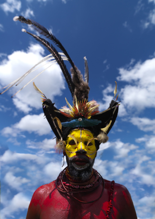 Portrait of a Huli tribe wigmen in traditional clothing during a sing-sing, Western Highlands Province, Mount Hagen, Papua New Guinea