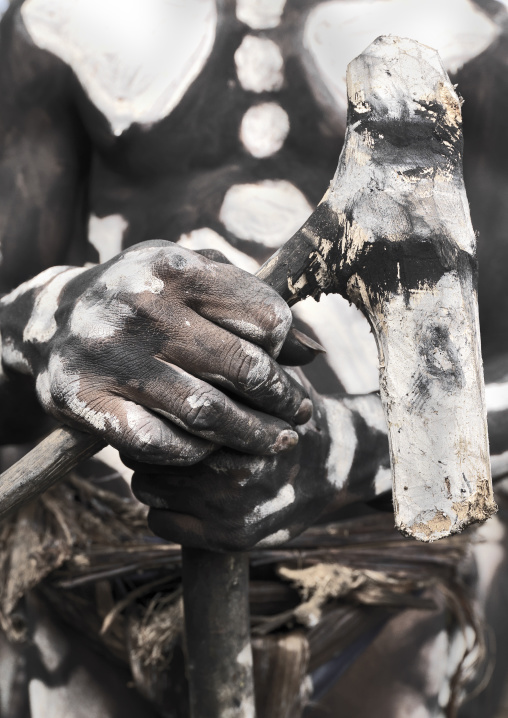 Skeleton tribe man hands during a sing-sing ceremony, Western Highlands Province, Mount Hagen, Papua New Guinea