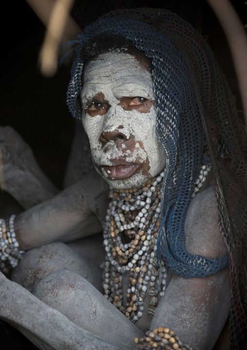 Portrait of a mourning woman with job tears necklaces, Western Highlands Province, Mount Hagen, Papua New Guinea